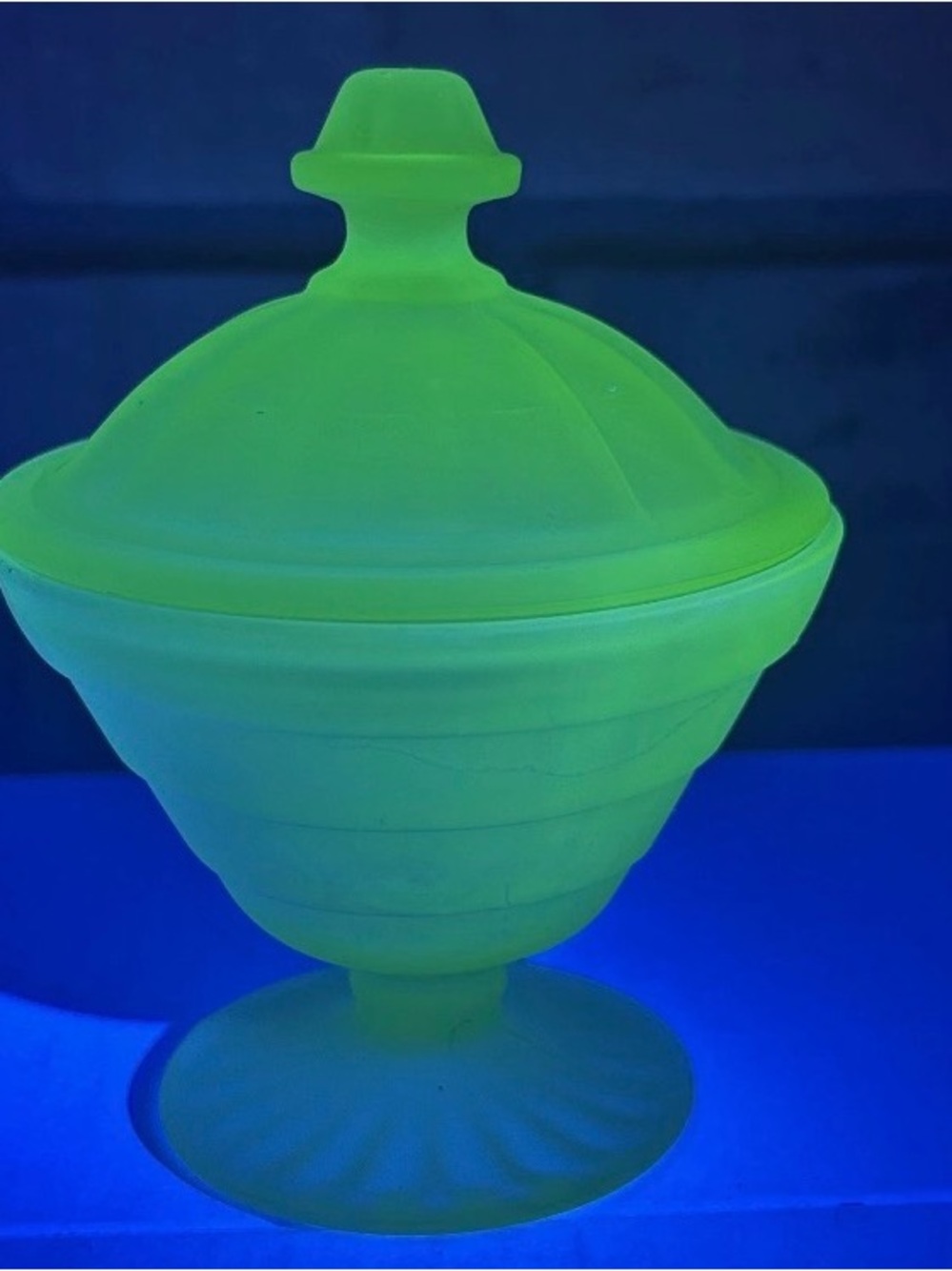 Tiffan Satin Frosted Green Uranium Vaseline Paneled Pedestal Lidded Candy Dish